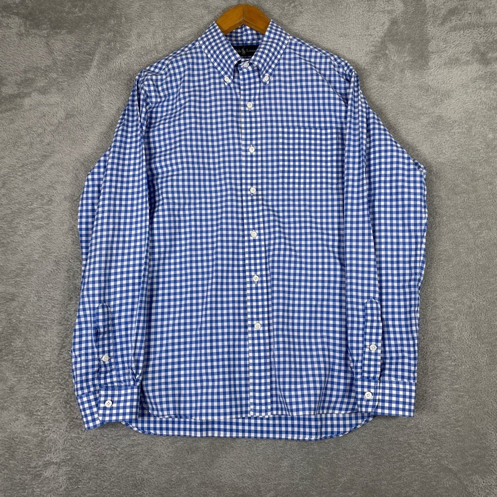 Ralph Lauren Button Down Shirt Mens Large Blue Gingham Plaid Long Sleeve Pocket